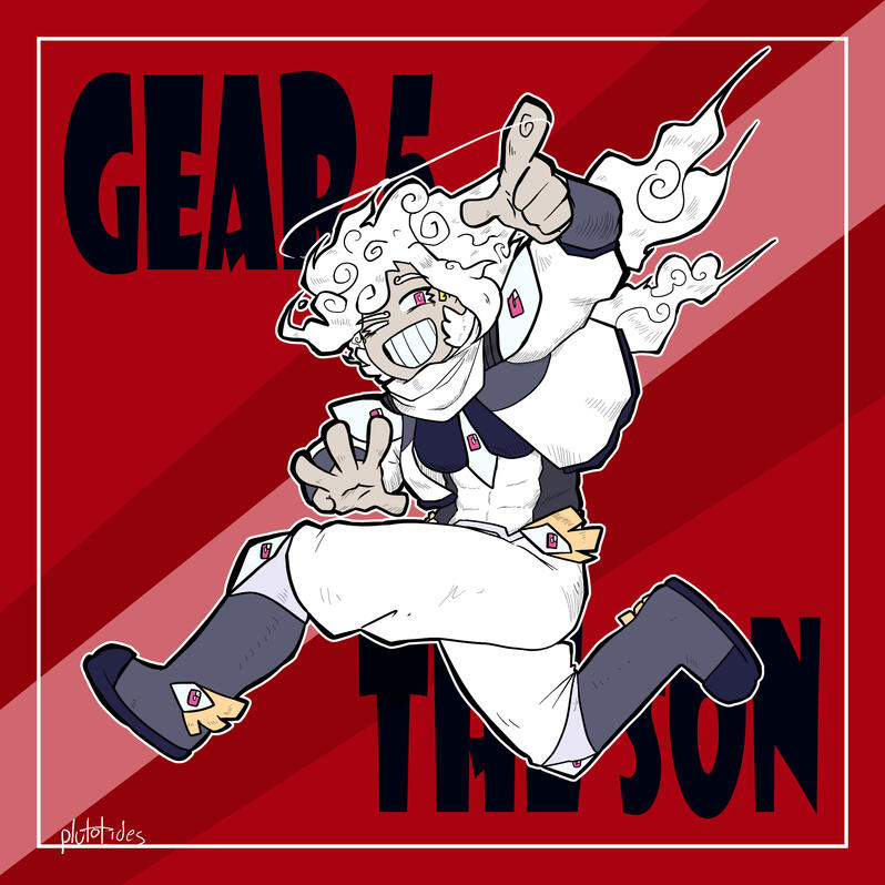 A drawing of my oc, Mi Chujin, drawn similarly to Luffy's Gear 5 form