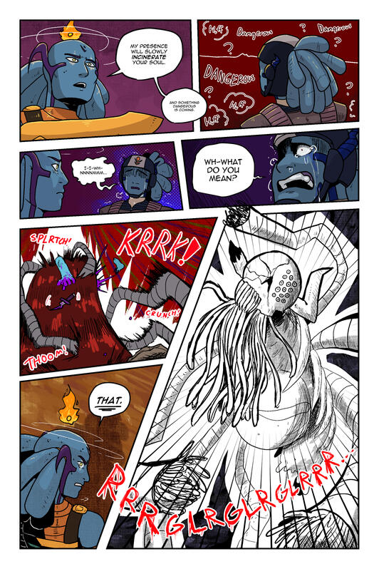 A page from my comic, Mortality Complex: Genesis Volume Chapter 1 where a psychodemon attacks an angelic woman and a forlorn soldier.