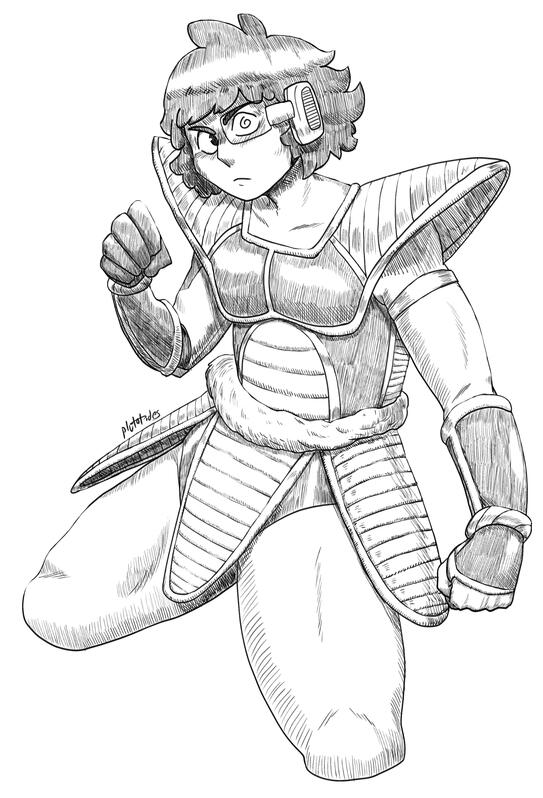 thighs-up sketch of Nuttyice935_JH's oc in Dragon Ball Saiyan armor