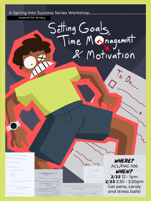 A poster created for a community college workshop about setting goals, time management and motivation.